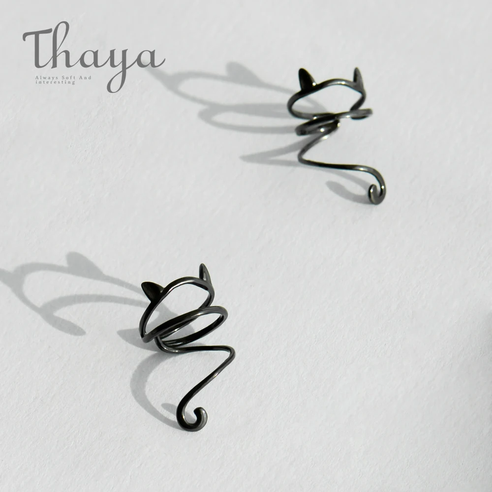 Thaya,, 925 пробы, серебряные, ленивый, Черный кот, клипсы, серьги, не пирсинг, простые, милые, каффы для ушей, для женщин, круглые серьги, хорошее ювелирное изделие