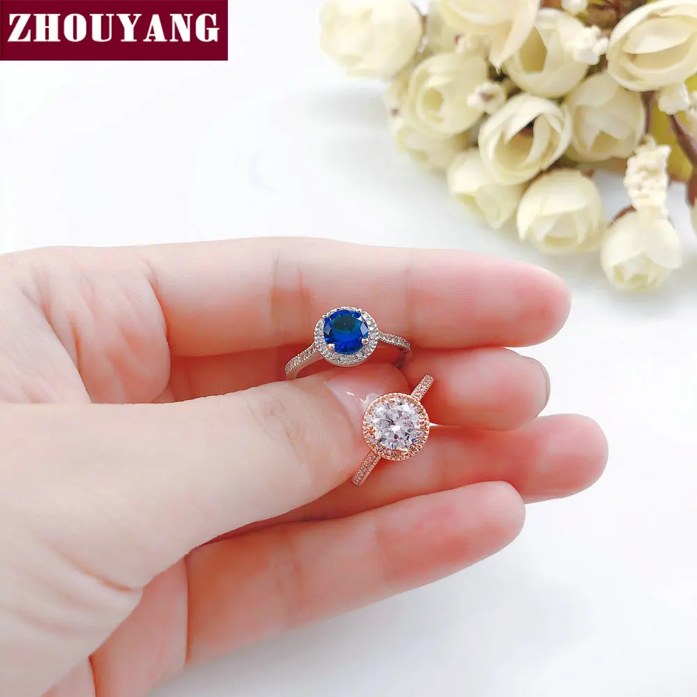 ZHOUYANG, обручальное кольцо для женщин, простой стиль, голубой Фианит, розовые, золотые, серебряные, вечерние, модные ювелирные изделия R781 R782
