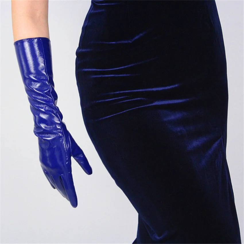 

Women'S Patent Leather Gloves Medium Long PU Simulation Leather Bright Leather Mirror Bright Blue Deep Blue 40cm TBBL05