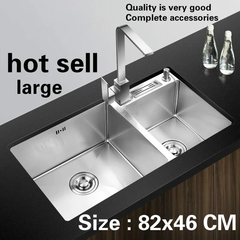 

Free shipping Apartment high-end kitchen manual sink double groove do the dishes 304 stainless steel large hot sell 820x460 MM