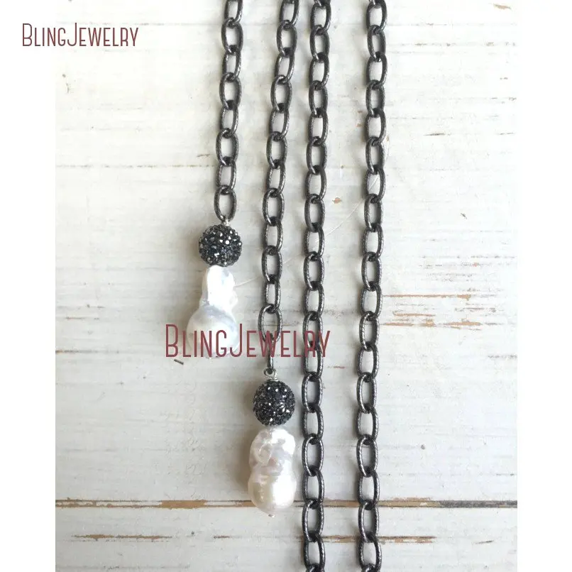 White Freshwater Baroque Pearl Necklace Gunmetal Pave Crystal Ball on Chain Lariat NM18365 | Украшения и аксессуары