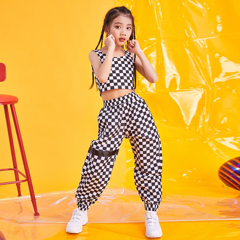 Jazz Dance Costumes Black Plaid Vest Pants Kids Hip Hop Street Dancing Clothes Girls Cheerleading Performer Dancewear DNV11375 |