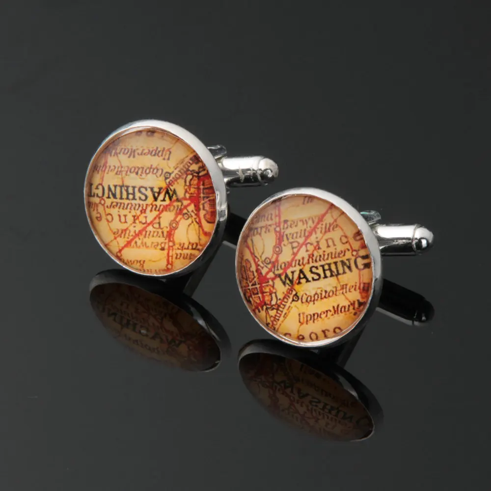 1 pair World Map Cufflinks Silver plated Old Cuff links for men and women Yellow Vintage round glass cufflinks 11|cuff men|cuff linksmap |