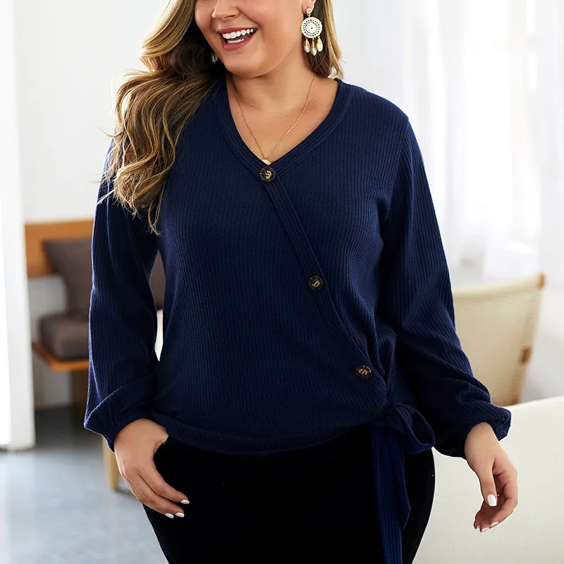 NORMOV Large size woman clothing Sweater 2019 Autumn Winter warm V-neck sweaters 4XL sweater Oblique button big | Женская одежда