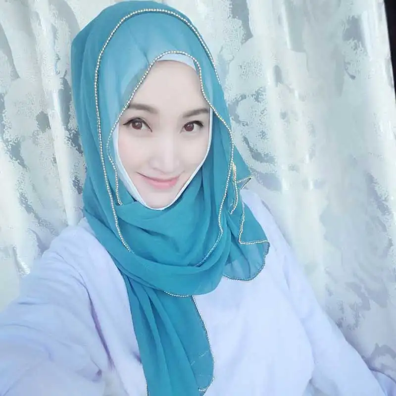 2019 Для женщин мусульманских одноцветное Цвет золото Бисер шифоновый шарф хиджаб