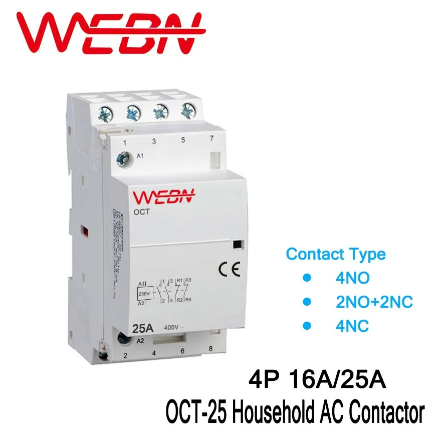 OCT-25 Series 4P 16A/25A Automatical AC Household Contactor 220V/230V 50/60Hz Contact Form 4NO/2NO+2NC/4NC Din Rail Contactor