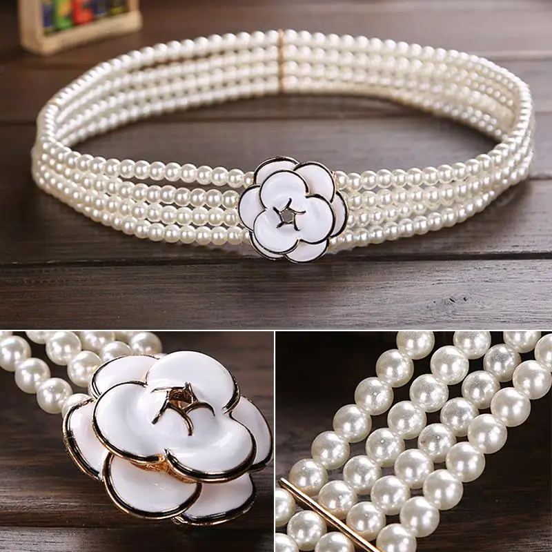 FEECOLOR эластичный пояс женские жемчужные пояса четыре ряда Beadings Пояс с цветочными