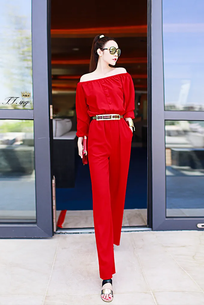 С Поясом! 2016 Новый Осень Шифон Широкую Ногу Женщины Комбинезон Длинным Рукавом