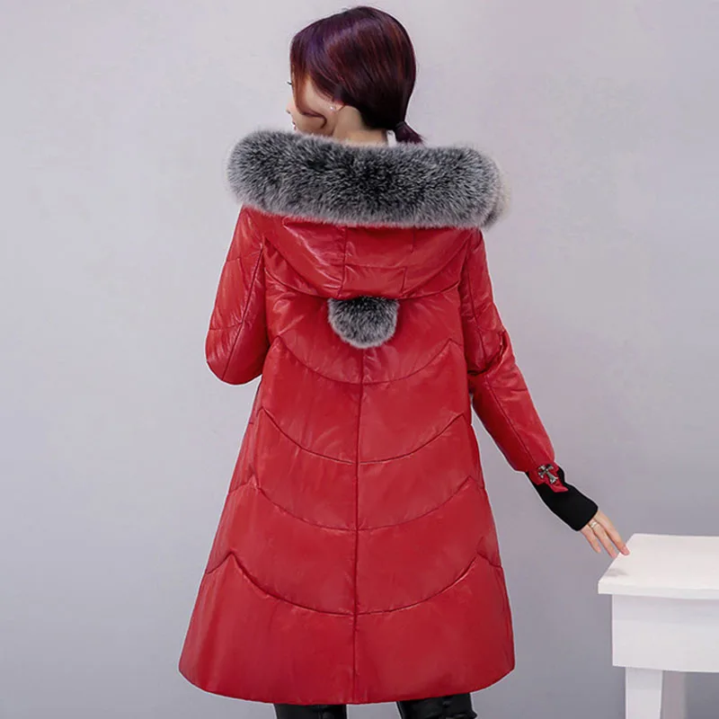 

2020 Warm Large Fur Collar Winter Jackets Hot European Style Skirt PU Leather Jacket Women Coat Female Casaco Feminino WUJ0773