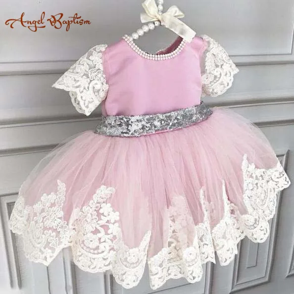 Gorgeous sparkly pink satin and silver sequins bow with lace short sleeves baby birthday party dresses kids flower girl dress | Детская