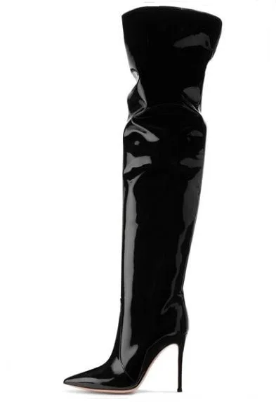 

New Designer Shiny Black Leather Woman Winter Boots Pointed Toe Thin Heel Knee High Boots Sexy Tight High Boots Fashion Shoes