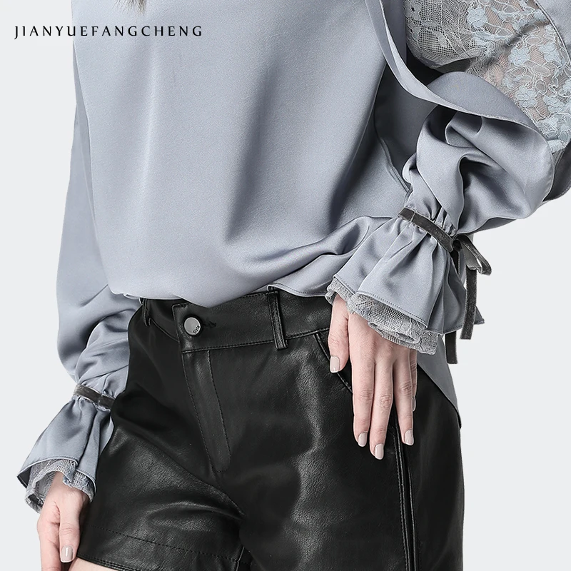 

Satin Women' Blouse Stand Ruffled Collar Split Lace Sleeve Loose Plus Size Ladies Tops Fashion New 2019 Female Tops And Blouses