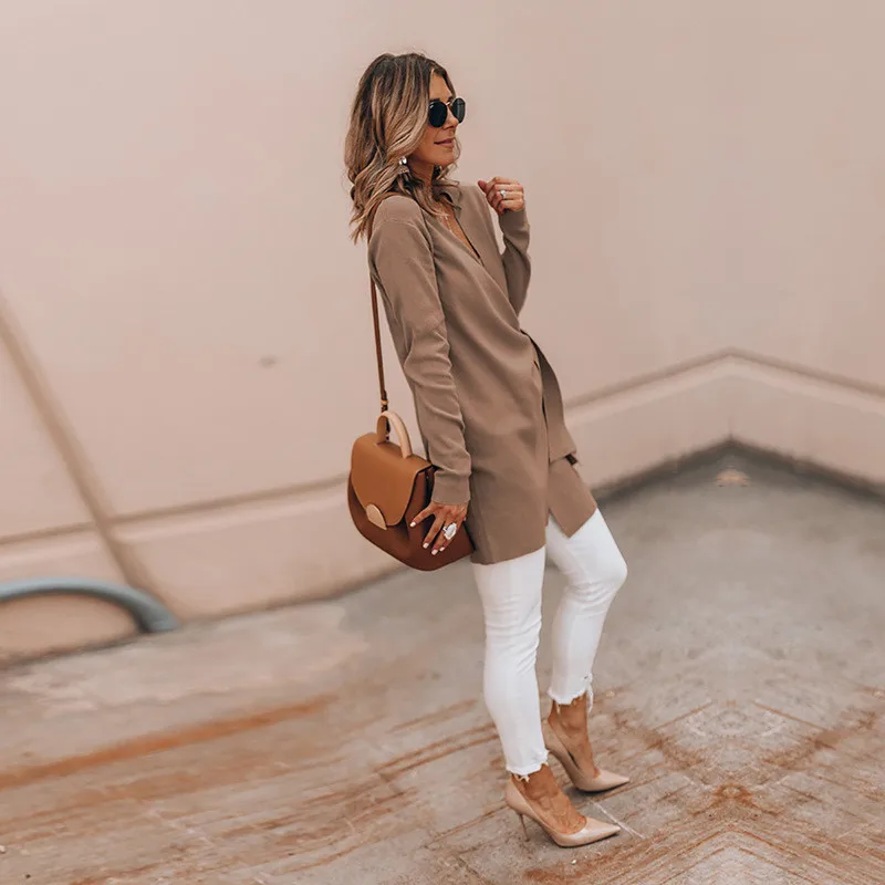 

Autumn Winter Women New Solid Blends Coats Long Sleeve V Neck Slim Bandage Elegant Casual Fashion Office Ladies Street Outwear