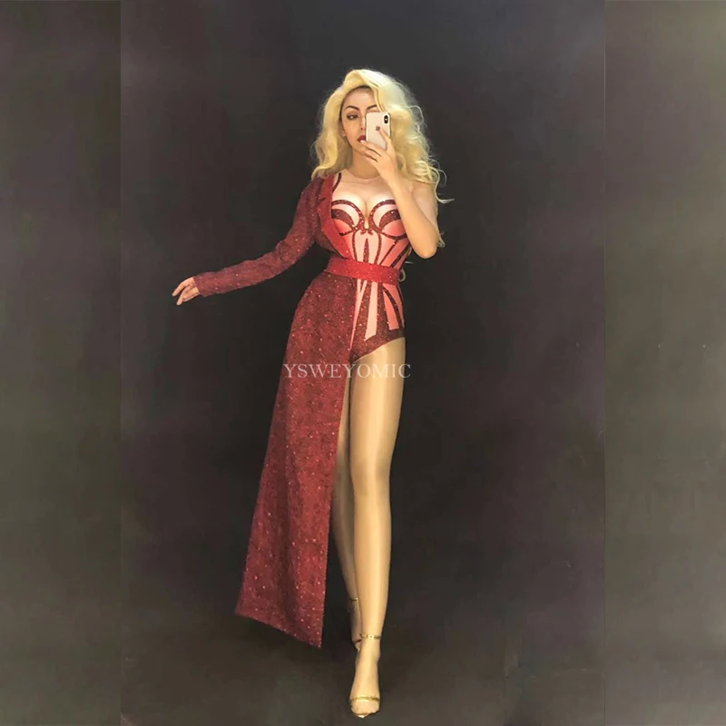 2019 Sexy Red Stretch Bodysuit Two Pieces Set Costume Stage Dance Wear Leotard Half Side Long Coat Performance Outfit YSWEYOMIC |