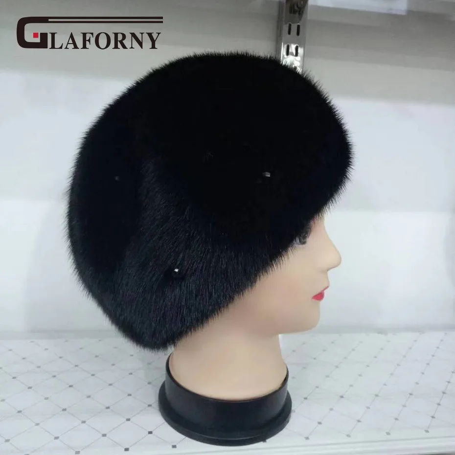 Glaforny стиль женские зимние норковые меховые шапки натуральная меховая шапка норковые меховые береты для России женские повседневные Шапки - Цвет: black