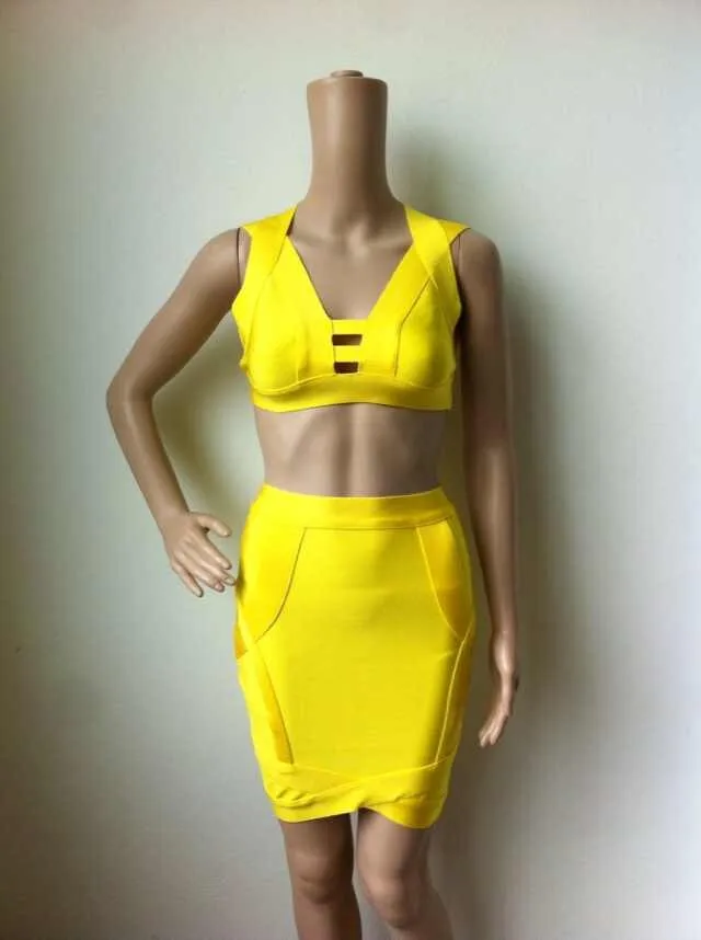Высокое качество желтый синий 2 шт сексуальное вискозное Бандажное платье
