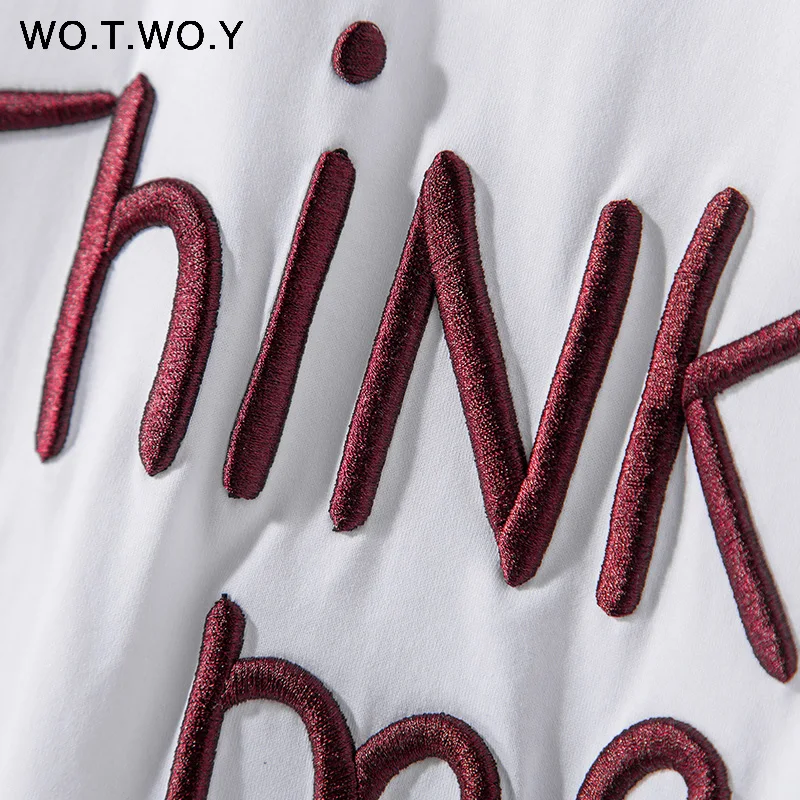 WOTWOY летняя Хлопковая женская футболка с вышитыми буквами белая черная круглым