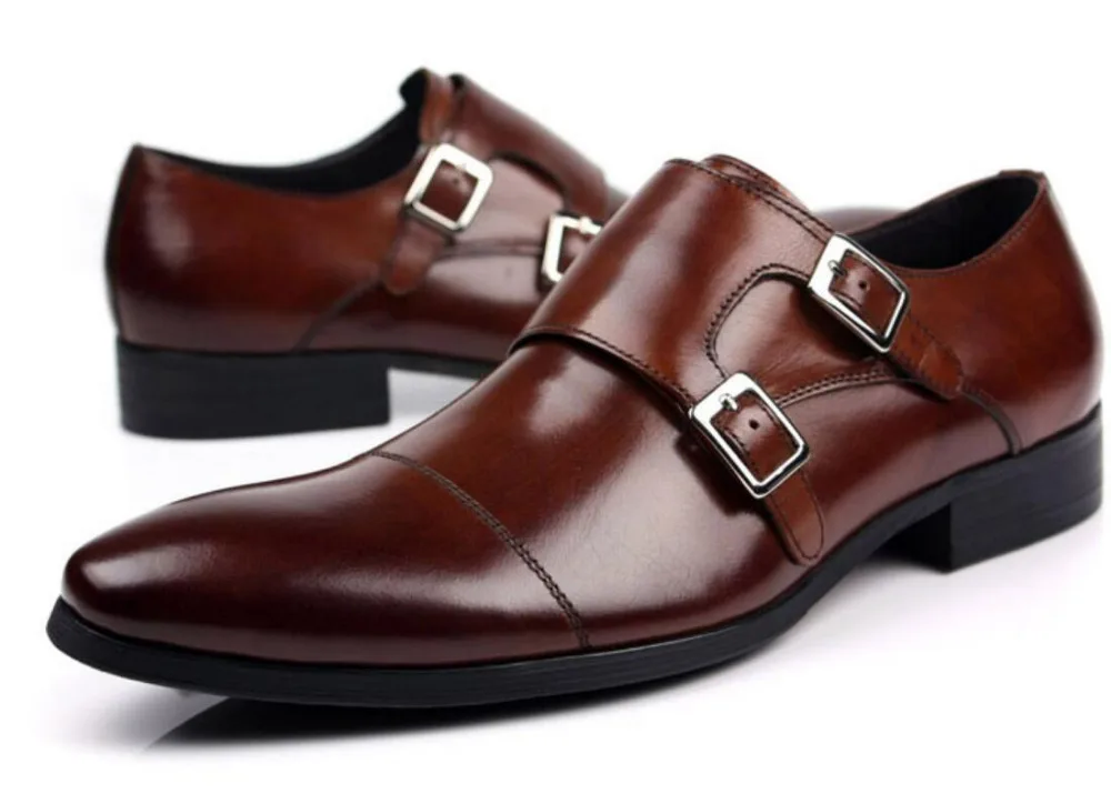 

Italy Man Prom Oxfords Shoes 2018 Men's real leather dress shoes Double Monk Strap Buckle Formal wedding Party Gift brown