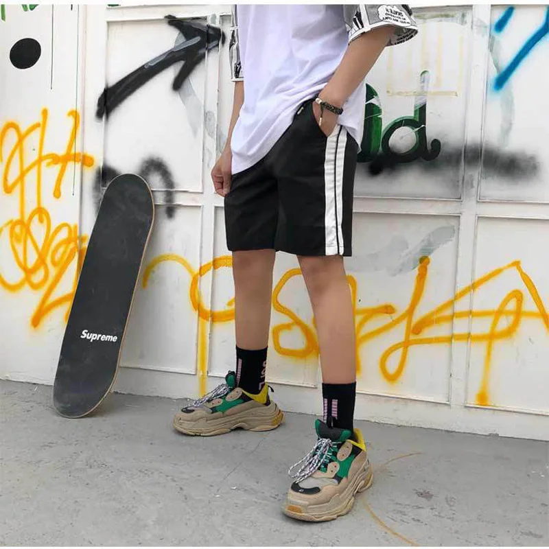 

Side Striped Shorts Mens Sweatpant Nice Vogue Jogger Short Streetwear Hip Hop Vintage Casual Knee Length Elastic Waist Cotton