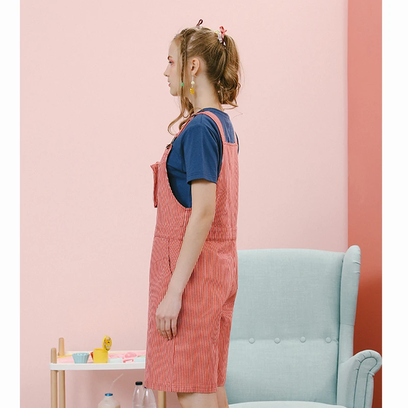 Женский джинсовый комбинезон свободный с большим карманом в полоску шортами|shorts