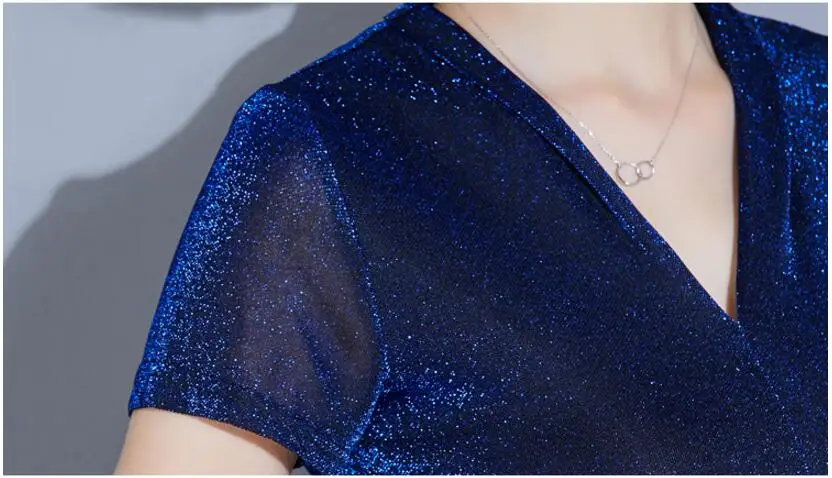 Blusas Mujer De Moda, новинка, яркая шелковая кружевная блузка, женские рубашки, блестящий люрекс, сексуальная, короткий рукав, для офиса, Женские топы и блузки