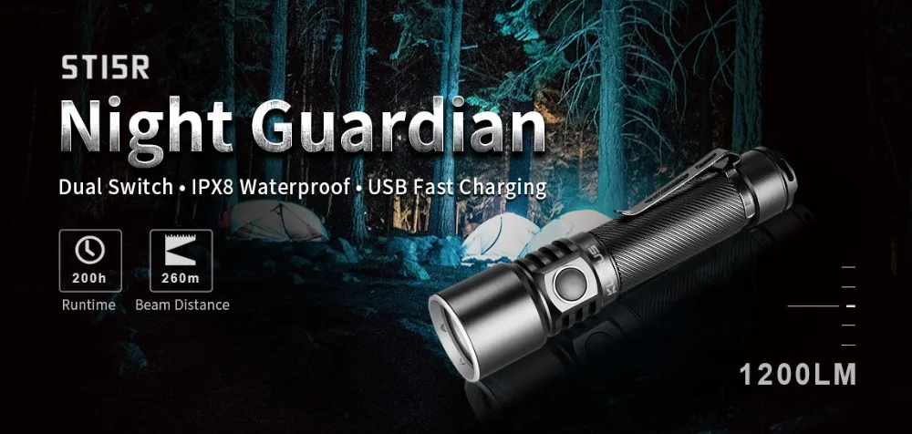 Klarus ST15R зарядка через USB фонарик CREE XP-L HD V6 max 1200 люмен луч бросок 260 метров + 2600 мАч