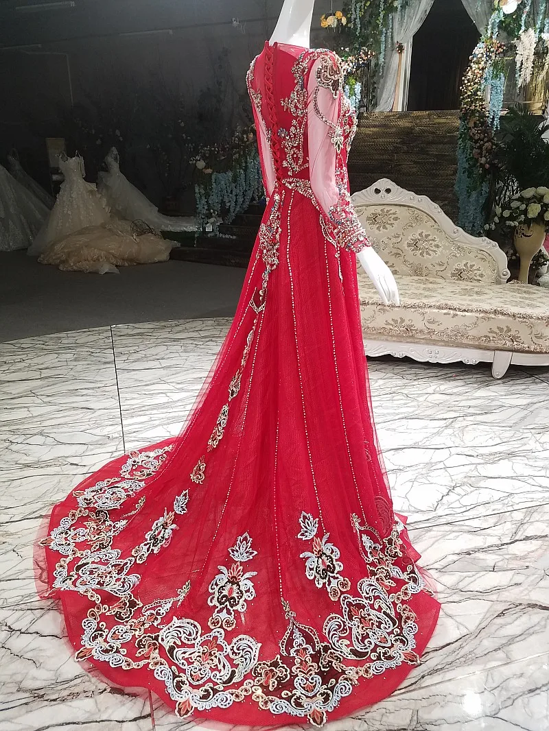 High-end Luxury Evening Dress Arab Beautiful Luxurious Red Long Sleeved Crystal Beading Prom Party Formal Gown | Свадьбы и торжества