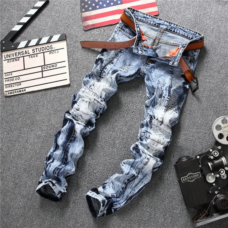 2017 new brand Men's Zipper Jeans Men Slim Fit Straight Moto Punk Dark Long Designer Nightclubs Mens Pleated Blue Pants | Мужская