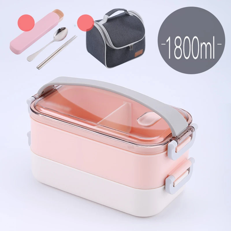2 layer Pink-Bag Горячая Распродажа для микроволновой печи герметичный Ланч-бокс пластиковый из нержавеющей стали Портативный пищевой контейнер с отделениями Бенто-бокс для пикника набор - Цвет: 2 layer Pink-Bag