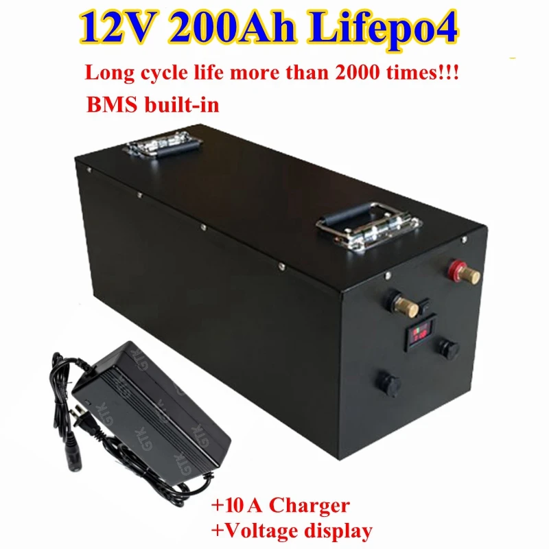 Водонепроницаемый lifepo4 12v 200ah Аккумулятор литиевый для двигателя дома солнечная панель RV каравана солнечная система гольф тележка+ 10А зарядное устройство