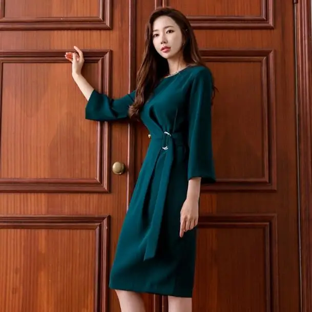 Зеленое офисное платье для женщин vestidos largos зеленое элегантное однотонное