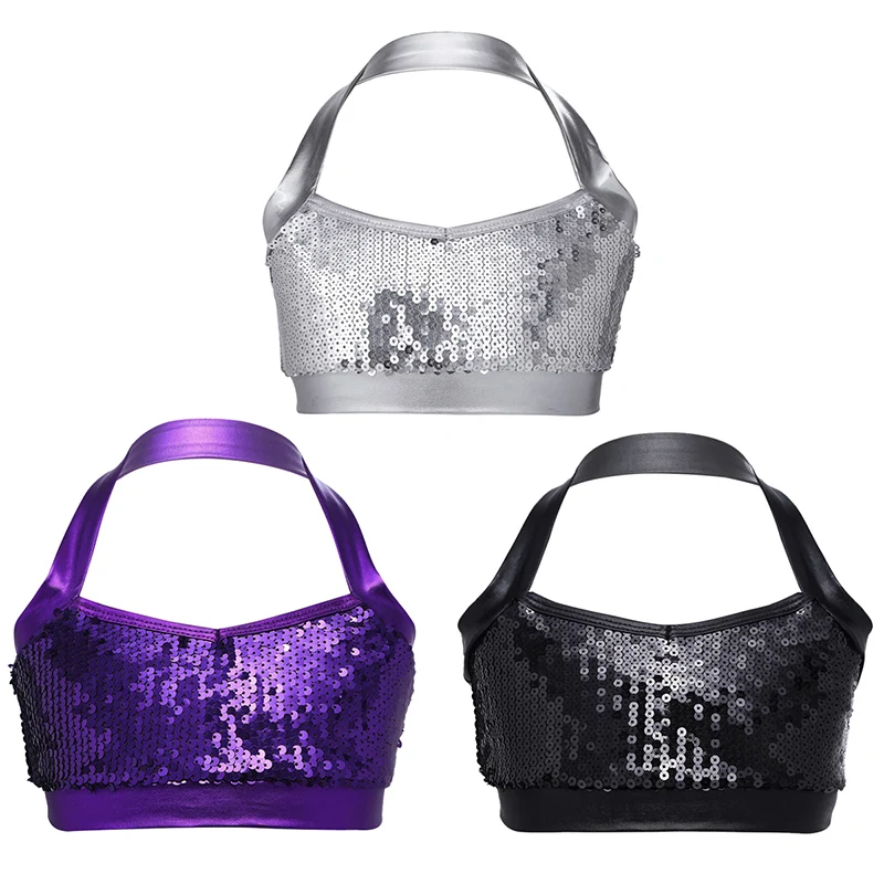 Kids Girls Halter Shiny Sequin Dance Crop Tops for Ballet Gymnastics Stage Performance Workout Gym Sports Tank Top | Тематическая
