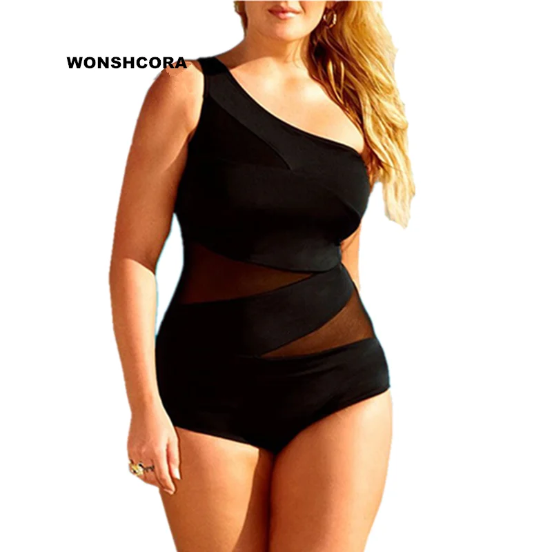 WONSHCORA одно плечо цельный купальник больших размеров черный сексуальный женский