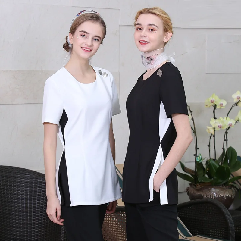 

2020 Latest Beauty Salon SPA Uniforms Women's White Blouse+Pants Set Fashion Tea House Working Clothing Black Vest+Top+Pants Set