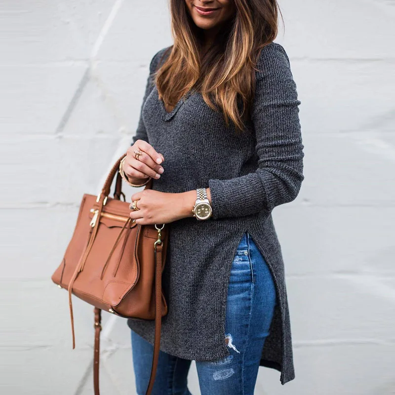 Осенне зимняя женская длинная футболка 2018 с длинным рукавом Боковым Разрезом