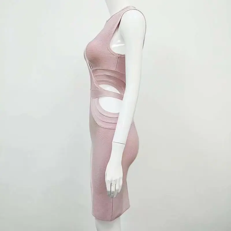 Высокое качество розовый рукавов выдалбливают район бинты платье Sexy Вечеринка