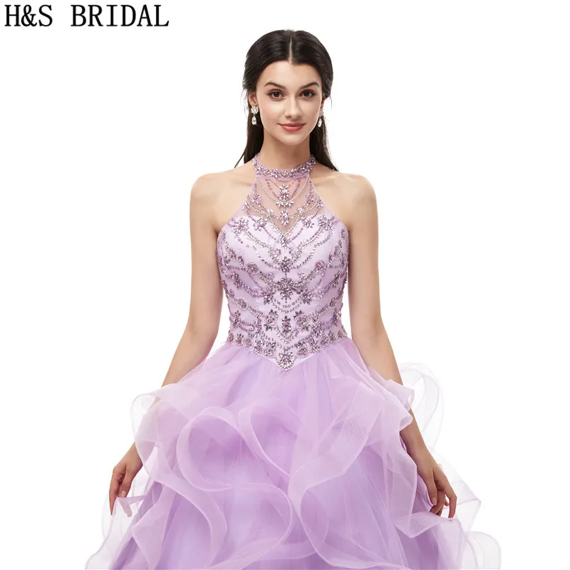 H & S/свадебное платье с лямкой на шее Сиреневое бисером бальное vestidos de 15 anos quinceanera