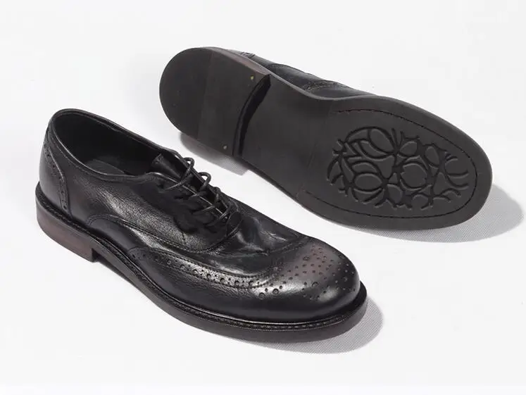 Dress Shoes Men Lace Up Genuine Leather Smart Casual Carved Brogue shoes Handmade Luxury Platform Height Increasing | Обувь