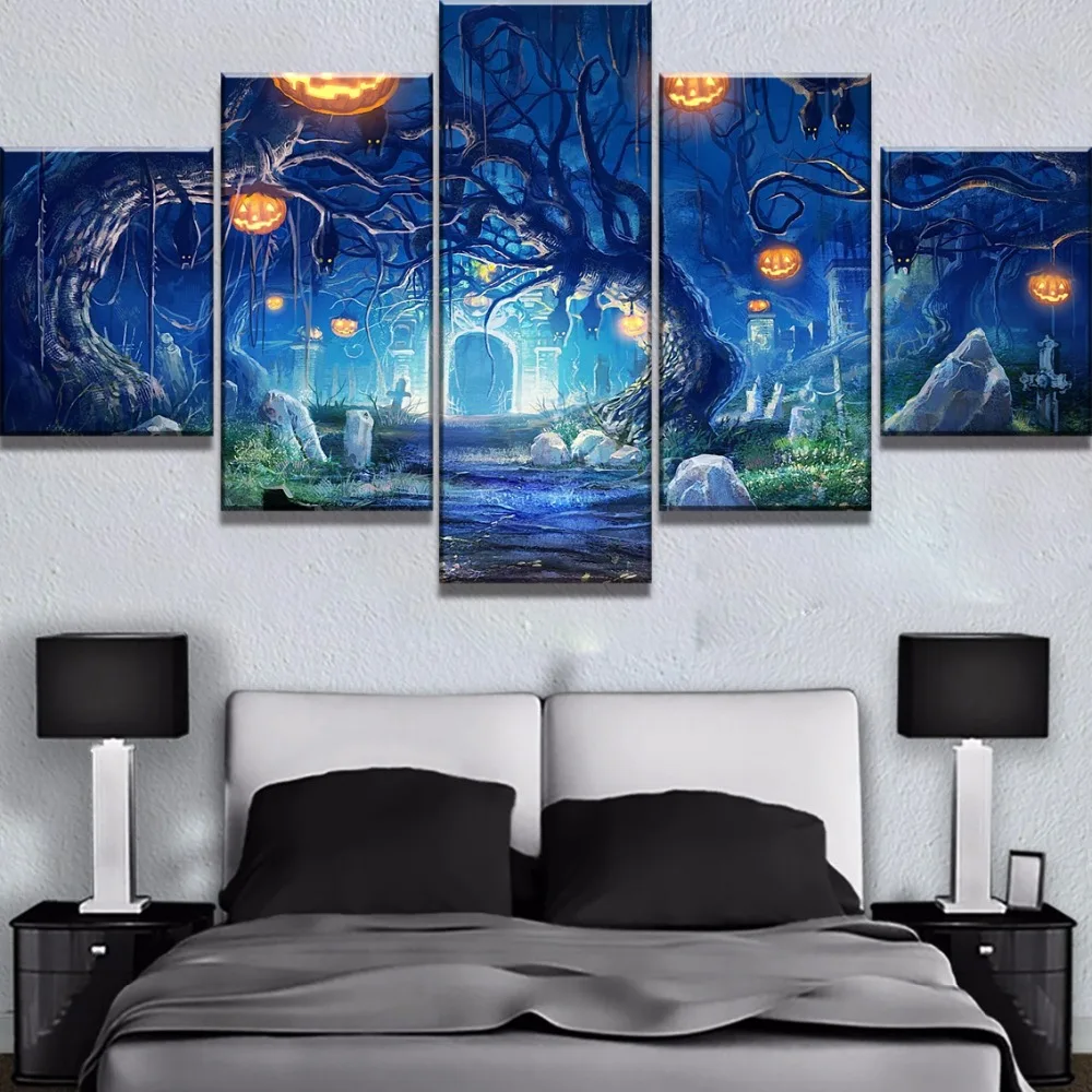 5 pieces HD print large Halloween pumpkin tree landscape painting in home decoration wall canvas art | Дом и сад