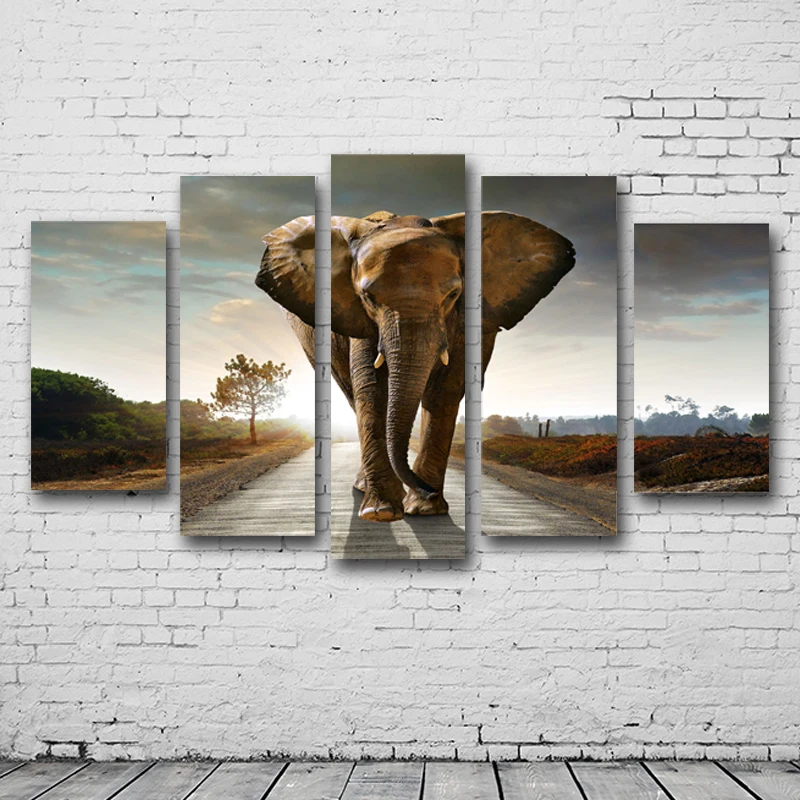 5 панелей холст печать Слон ходьба картина для гостиной стены Искусство