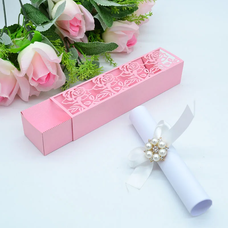 100 pcs Box wedding invitation laser cut rose light brown pearl paper gifts for guests | Дом и сад