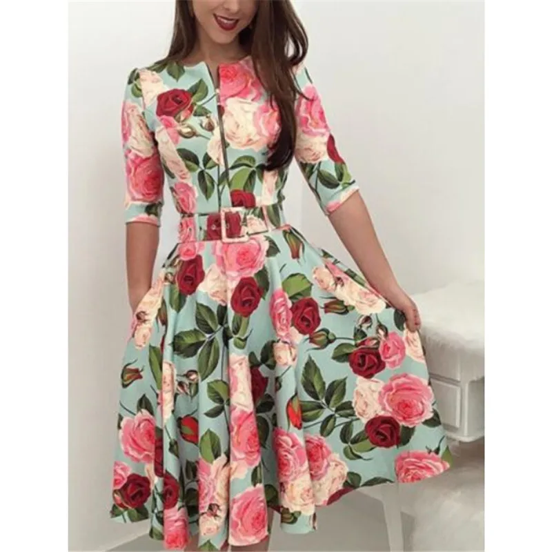 Платье женское с цветочным принтом на молнии рукавом 3/4|Женские платья| |