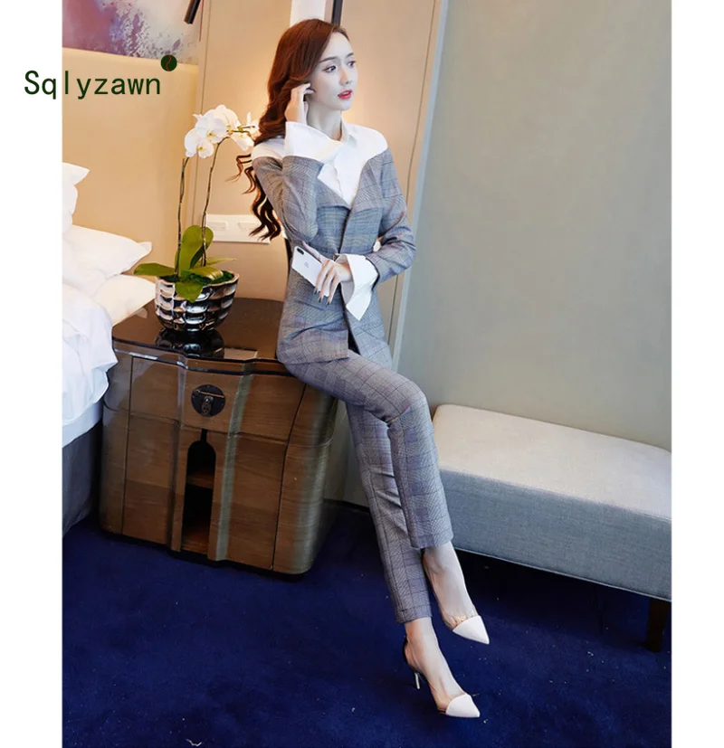 

Womens Formal Plaid Suits Workwear Office Designs Women Office Suits Blazers Feminino Spa Uniform Elegant Business OL Pant Suits