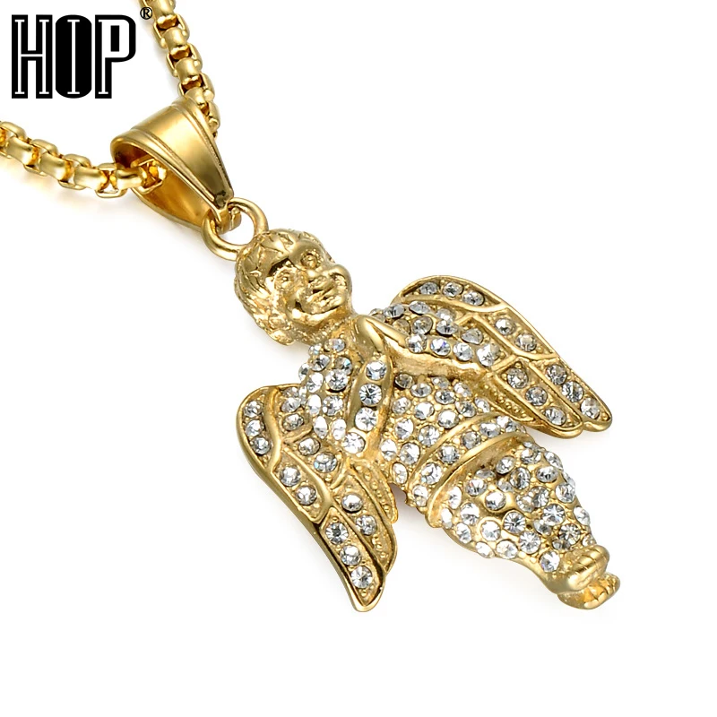 Хип хоп Ангел молитва подвески ожерелья Золото Нержавеющая сталь Bling Iced Out