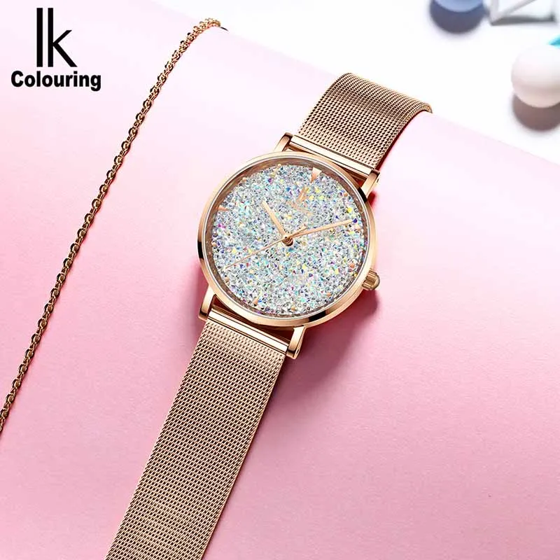 Женские кварцевые часы с плетеным стальным ремешком Relogio Feminino IK, Роскошные блестящие часы с циферблатом, женские часы Cinturino Milanese