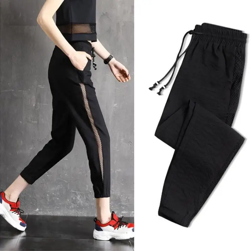 

2019 Summer Women Patchwork Mesh Sweatpants Casual Pants Female Hollow Out Sexy Trousers Lady Streetwear Loose Harem Pants Z402