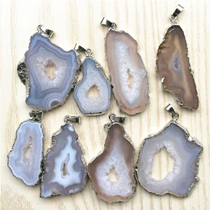 white agate Горячее предложение! Распродажа! Натуральный бразильский гальванизированный обрезной ломтик открытые агаты Geode Drusy Druzys подвески для ожерелья женские ювелирные изделия изготовление 5 шт - Окраска металла: white agate