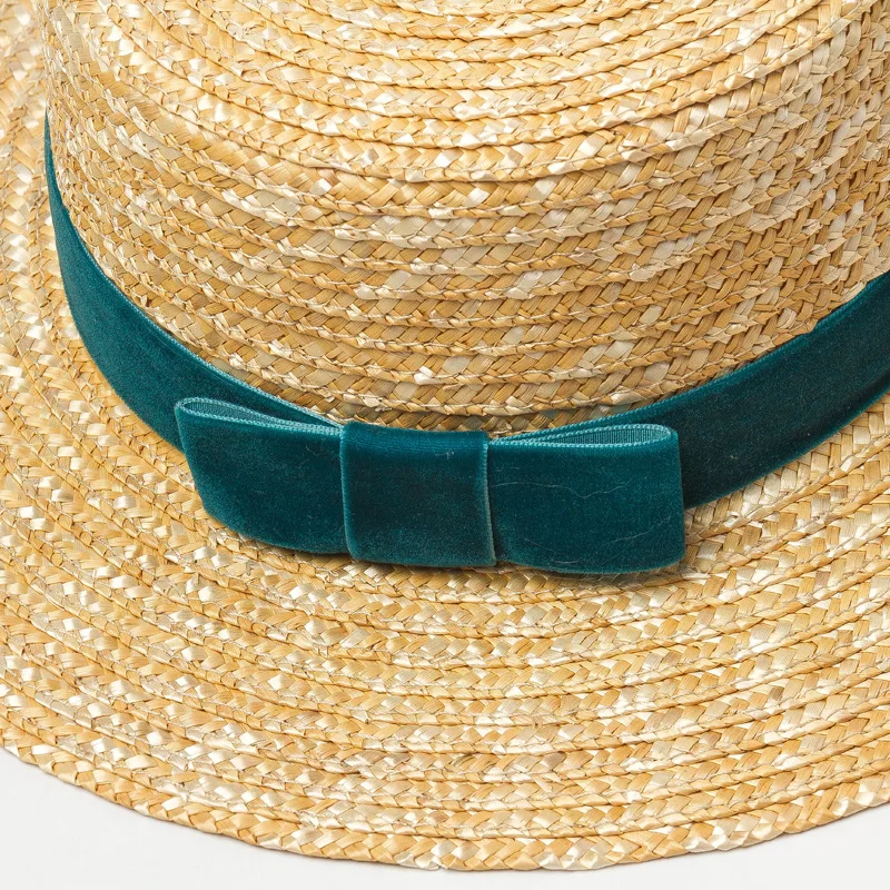 

100% Wheat Straw Velvet ribbon Women Sun Hat Summer Wide Brim Sunbonnet Hat Lady Flat Boater Beach Panama Sunhat Jazz Hat Size