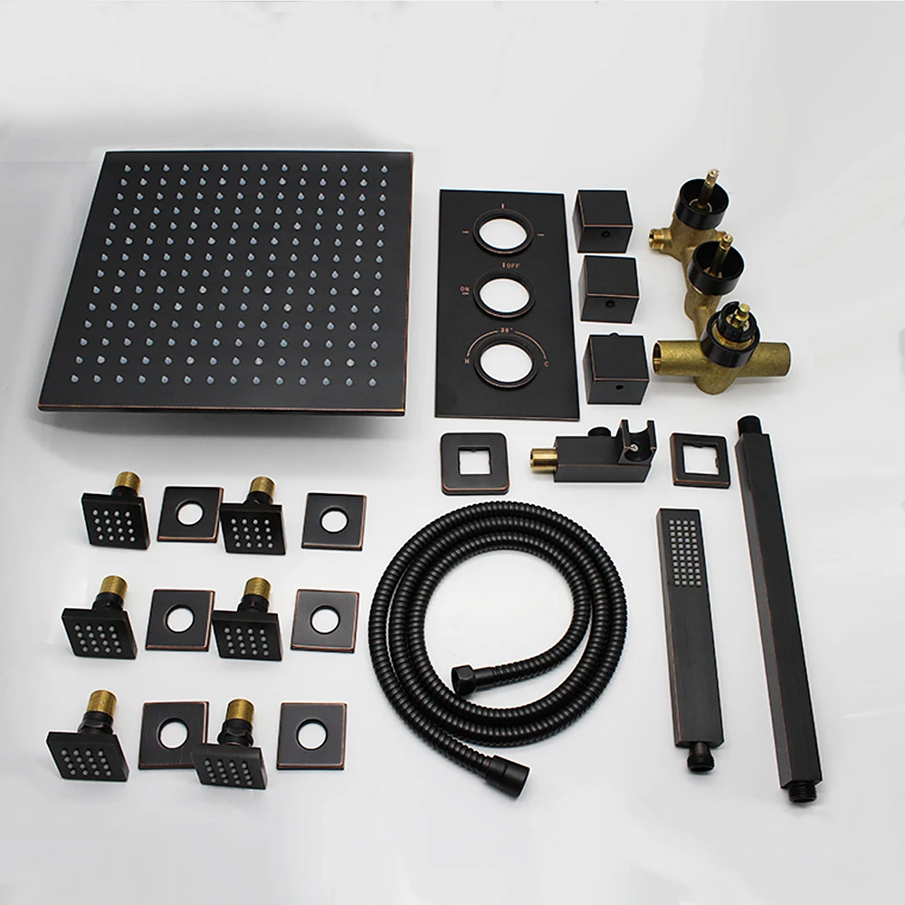 12&quot ORB Black Bass LED Shower Head Bathroom Thermostatic Set With 6pcs Body Jets | Обустройство дома