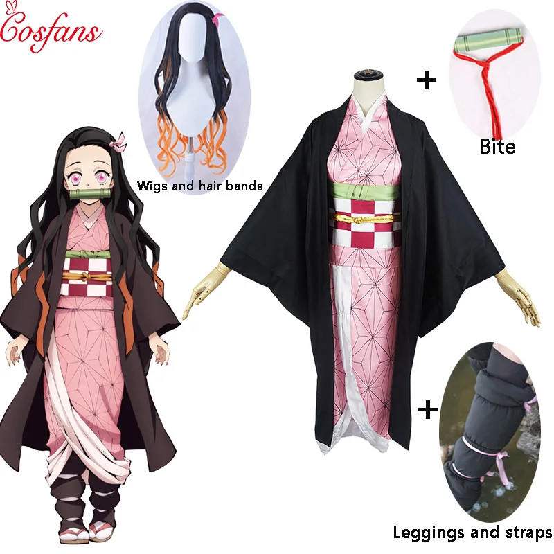 

Anime Demon Slayer Kamado Nezuko Cosplay Costumes Kimetsu no Yaiba Women Pink Kimono Halloween Costumes for Women Halloween wig
